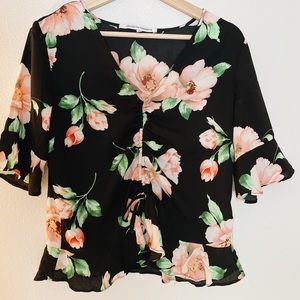 Black and Peach Bright Floral Blouse w/ Bell Sleeves & Adjustable Tie in Front